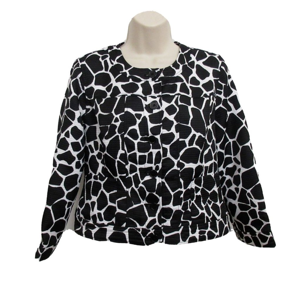 Moto Blazer Jacket Petite Medium Black White Giraffe Animal Button Front Linear